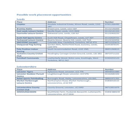Possible Work Placement Opportunities 2