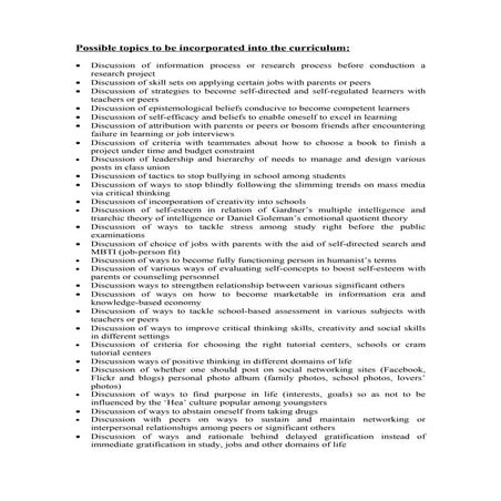 Possible topics to be incorporated into the curriculum
