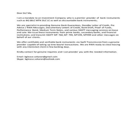 GENUINE PROVIDER FOR BG SBLC LC DLC FOR LEASE AND SALES