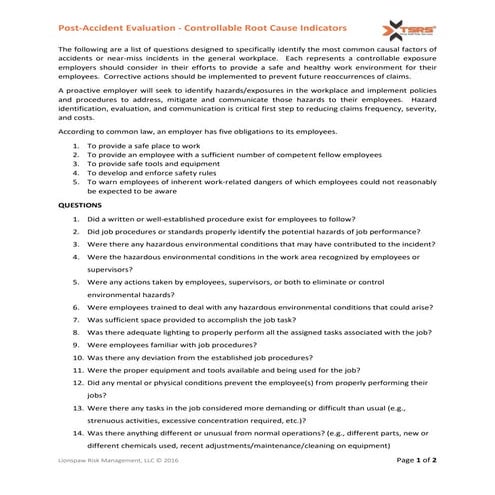 Post Accident Investigation - Controllable Root Cause Indicators | PDF