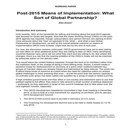 Post 2015 Means of Implementation. What Sort of Global Partnership?