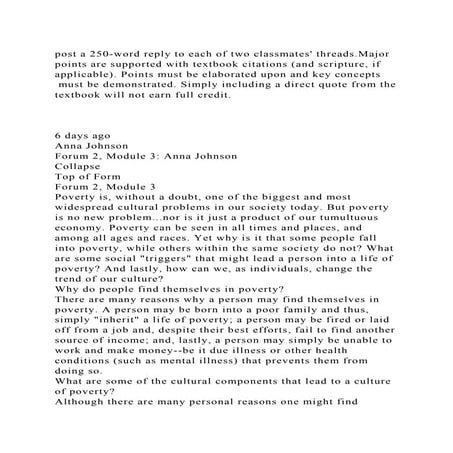 post a 250-word reply to each of two classmates threads.Major point.docx