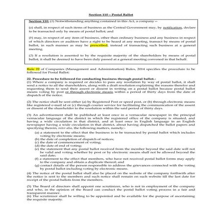 Postal ballot provisions & procedure under S.110 of the Companies Act, 2013