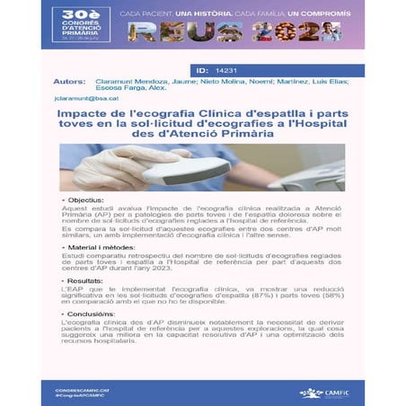 Pòster "Impacte de l'ecografia clínica d'espatlla i parts toves en la sol·licitud d'ecografies a l'hospital des de l'atenció primària"