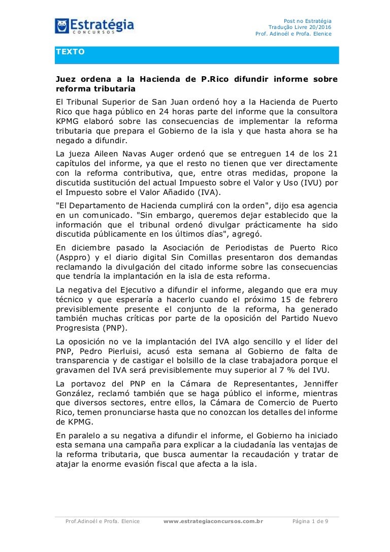 Espanhol - Tradução Livre 20/2016 - Estratégia Concursos