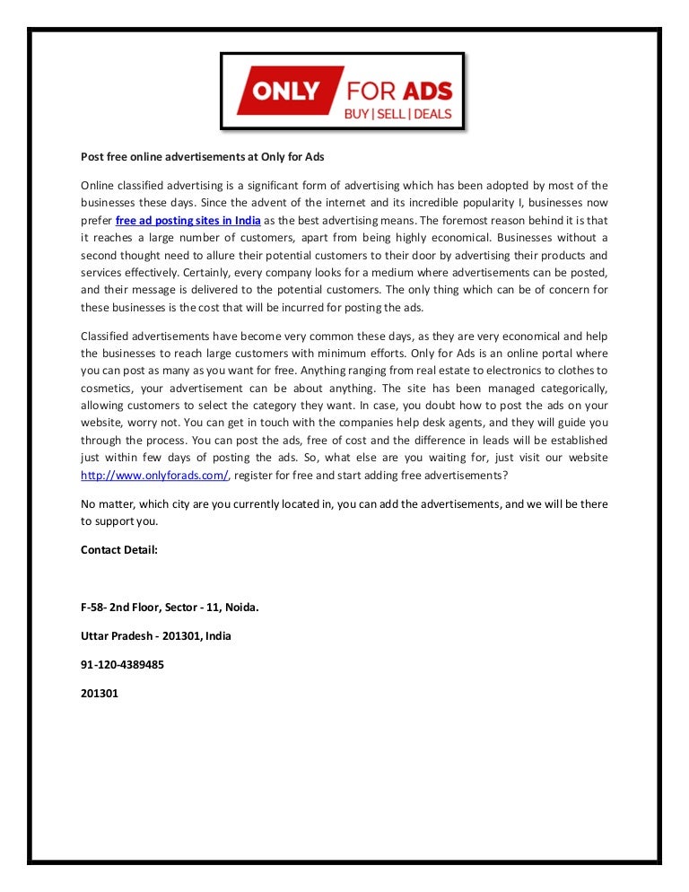 Post free online advertisements at only for ads