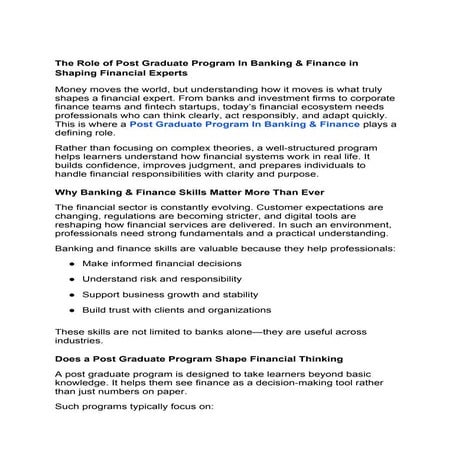 The Role of Post Graduate Program In Banking & Finance in Shaping ...