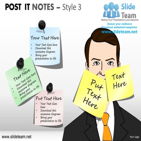 Post it notes on people faces pinned style design 3 powerpoint ppt templates.