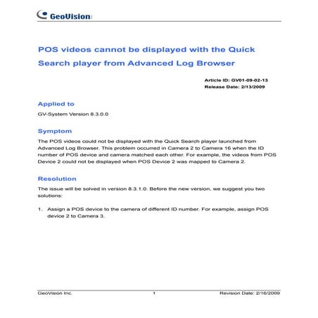 GeoVision : CCTV Solutions : POS Display for Player