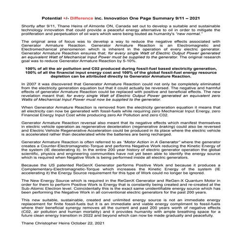 Potential Difference Inc. Innovation One Page Summary 9/11 – 2021