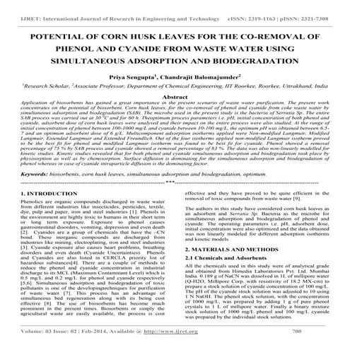Potential of corn husk leaves for the co removal of phenol and cyanide from w...