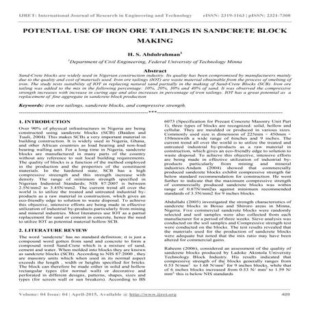 Potential use of iron ore tailings in sandcrete block making