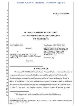 Dismissal of Power.com's Suit Against Facebook