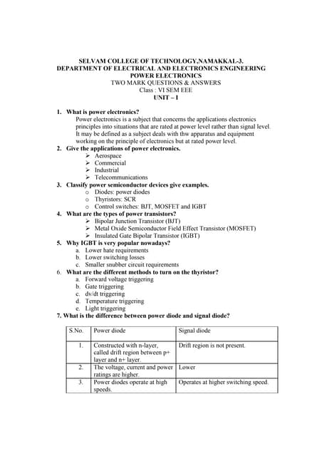INTERVIEW QUESTIONS ON POWER ELECTRONICS BY RAJ | PDF