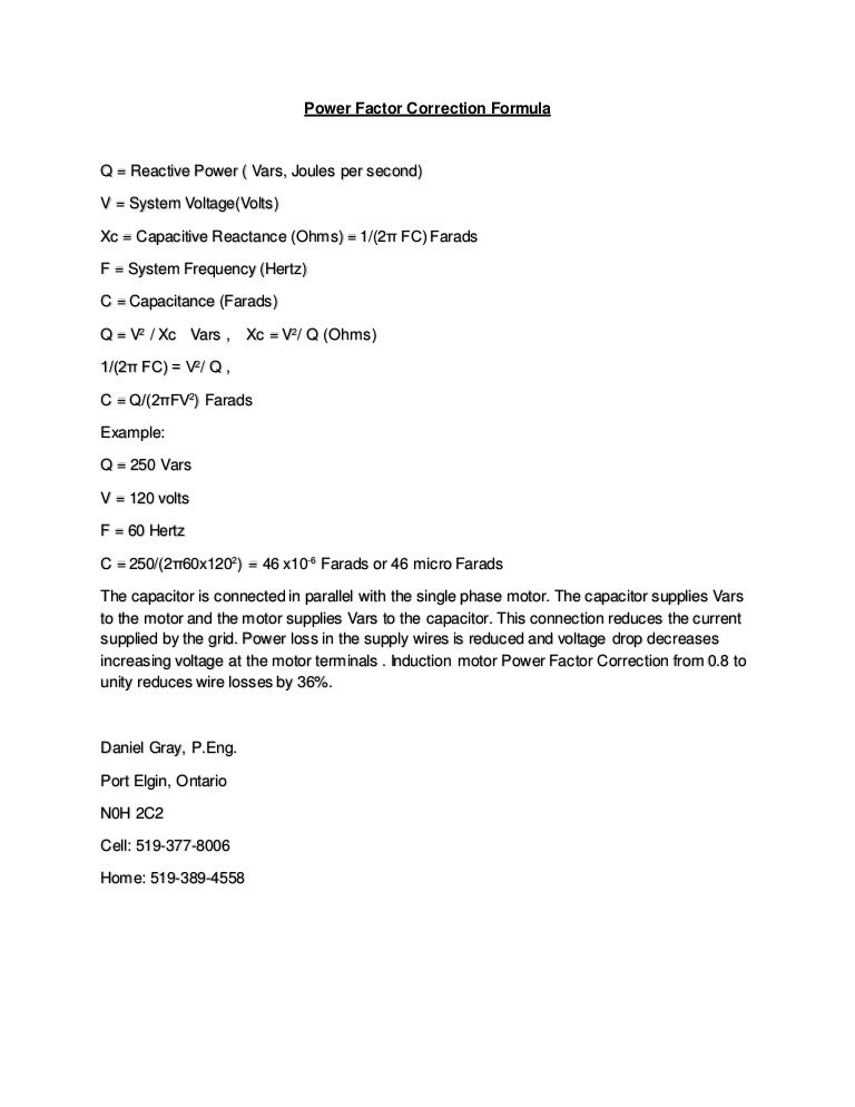 Power factor correction formula