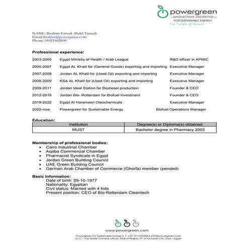 Powergreen Ibrahim Farouk's CV Biodiesel operation manager 2022 | PDF
