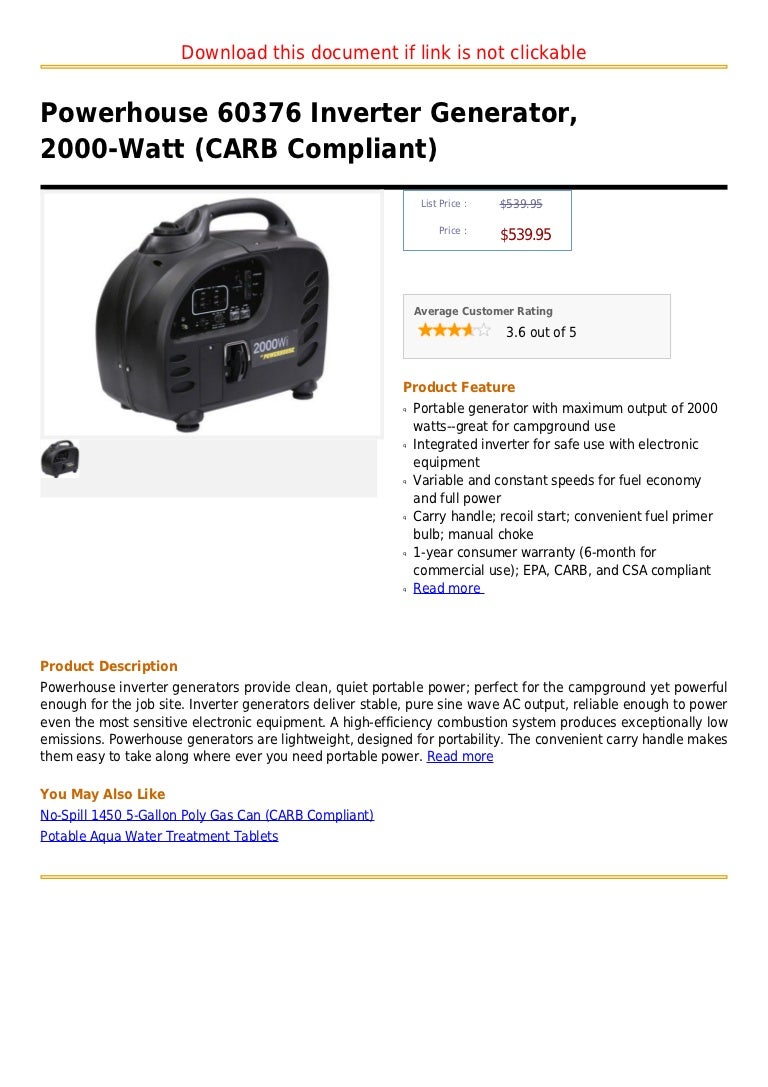 Powerhouse 60376 inverter generator, 2000 watt (carb compliant)