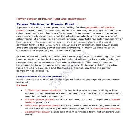 Power station or power plant and classification