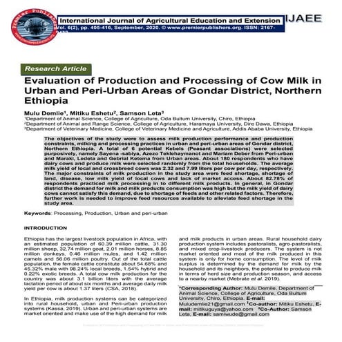Evaluation of Production and Processing of Cow Milk in Urban and Peri-Urban A...