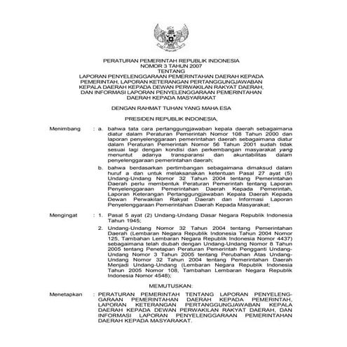 Peraturan Pemerintah No. 3 Tahun 2007 tentang Laporan Penyelenggaraan Pemerin...