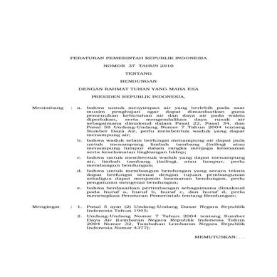 Peraturan Pemerintah No. 37 Tahun 2011 tentang Bendungan