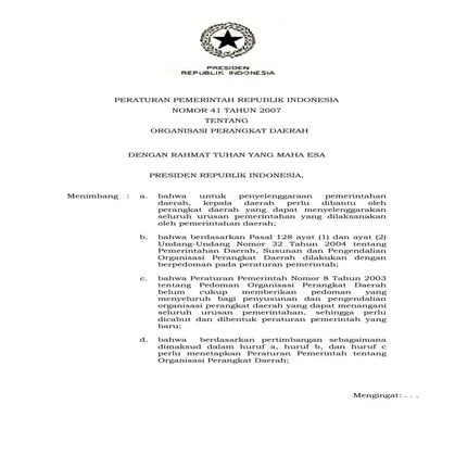 Peraturan Pemerintah No. 41 Tahun 2007 tentang Organisasi Perangkat Daerah