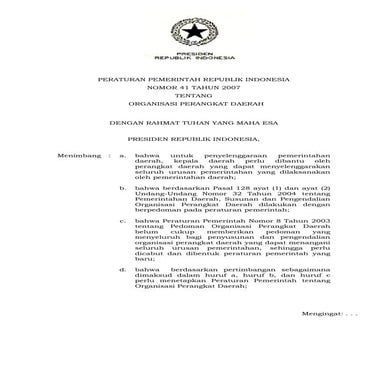 Pp 41 tahun 2007 tentang organisasi perangkat daerah