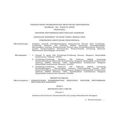 Peraturan Pemerintah No. 56 Tahun 2005 tentang Sistem Informasi Keuangan Daerah