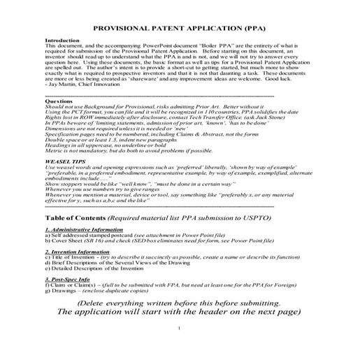 Provisional Patent Framework - Do It Yourself DIY