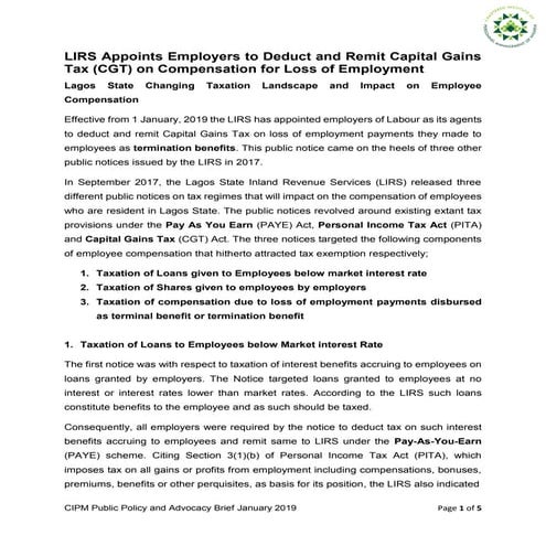 CIPM Public Policy brief 2019:Lagos Internal Revenue Service appoints employers as collectors of cgt on employees updated
