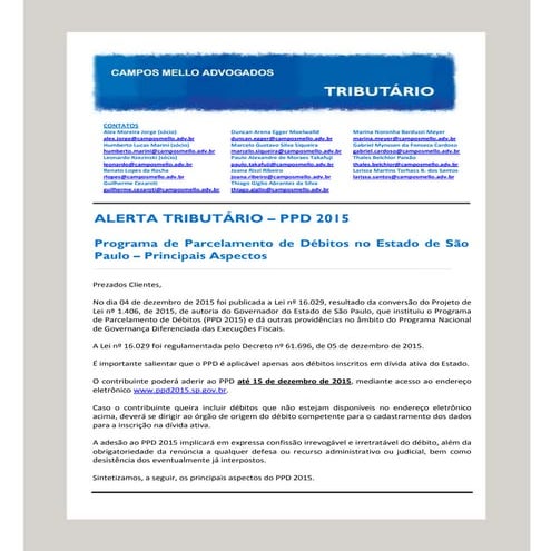 Alerta Tributário - Programa de Parcelamento de Débitos no Estado de São Paulo