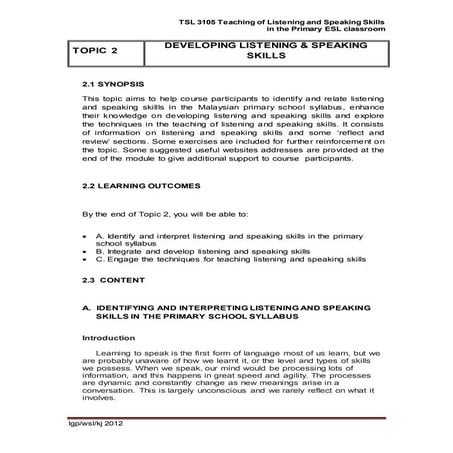 Ppg module tsl3105 topic 2 developing listening & speaking
