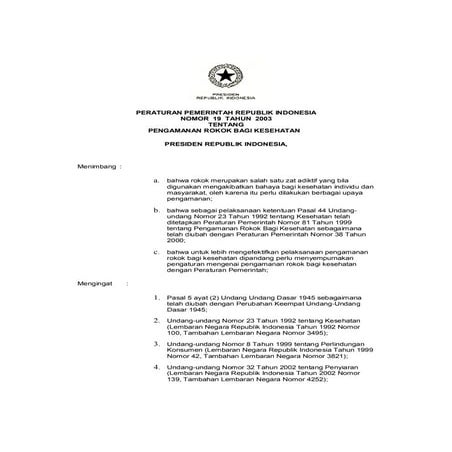 Pp no. 19_th_2003_ttg_pengamanan_rokok_bagi_kesehatan