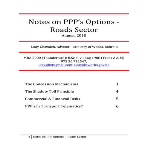 PPP’s Options in Roads Sector - August, 2010