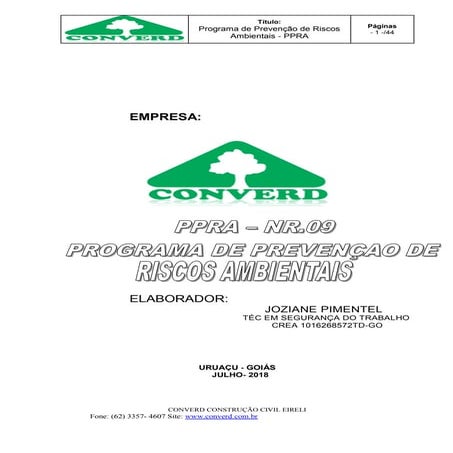 PPRA PROGRAMA DE PREVENÇÃO DE RISCOS AMBIENTAIS | PDF