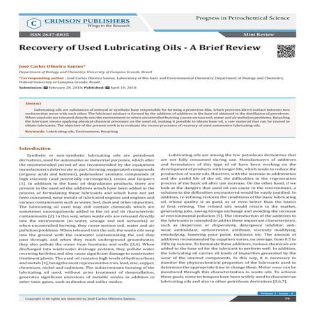Recovery of Used Lubricating Oils - A Brief Review_Crimson Publishers