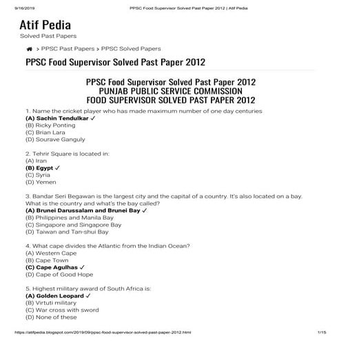 Ppsc food inspector solved past papers atif pedia | PDF