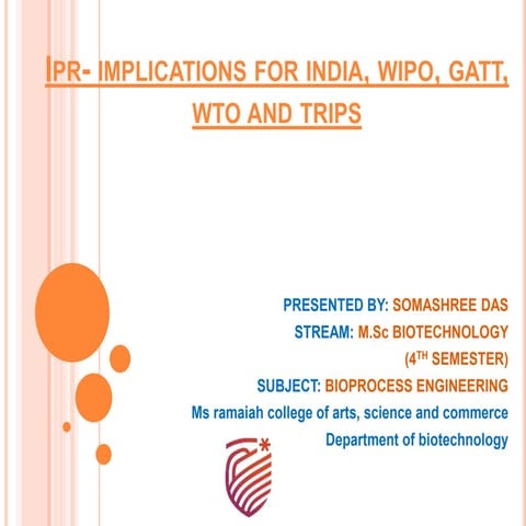 IPR-implications for India, WTO, WIPO, GATT, TRIPS