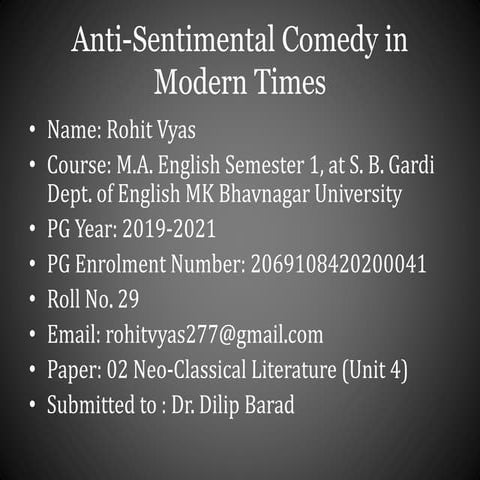 Neo-Classical Literature - Anti Sentimental Comedy