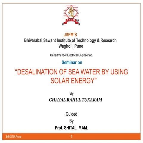 desalination of sea water by using solar energy techniques | PPT