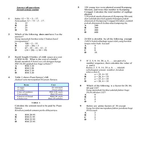 100 soalan Matematik Ting1 | PDF