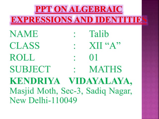 PPT on algebraic expressions and identities