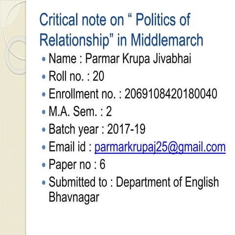  critical note on " politics of Relationship " in middlemarch