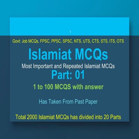 Islamiat MCQs Part-01 from 01 to 100 MCQS || Past Papers MCQs | Govt Job MCQs...