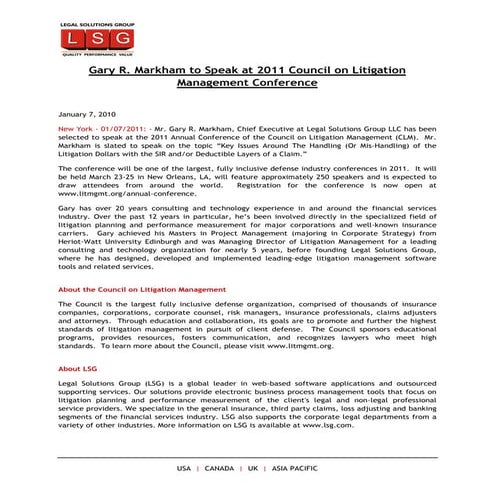 Gary R. Markham to Speak at 2011 Council on Litigation Management Conference