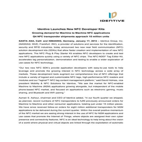 Identive Group | Press Release | Identive Launches New NFC Developer Kits