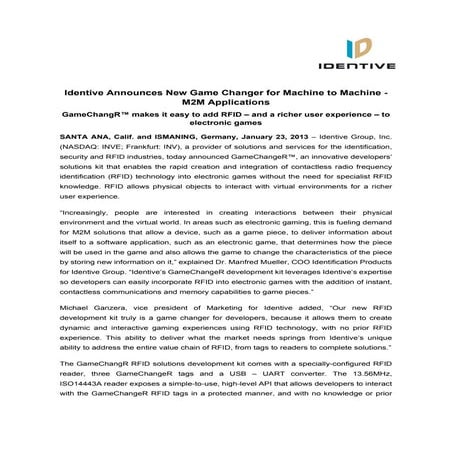 Identive Group | Press Release | Identive Announces New GameChangR for Machin...