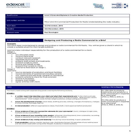 Pr12 brief designing and  producing a radio commercial