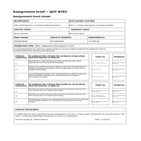 Pr1 assignment front sheet