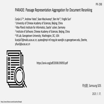 PR-298 PARADE: Passage representation aggregation for document reranking